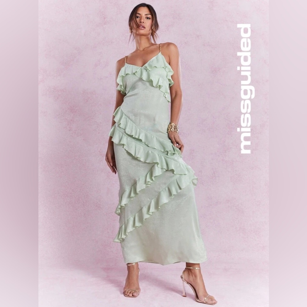 Missguided Mint Green Ruffle Slip Maxi Dress Gold Chain Straps Medium NWT - Picture 6 of 7